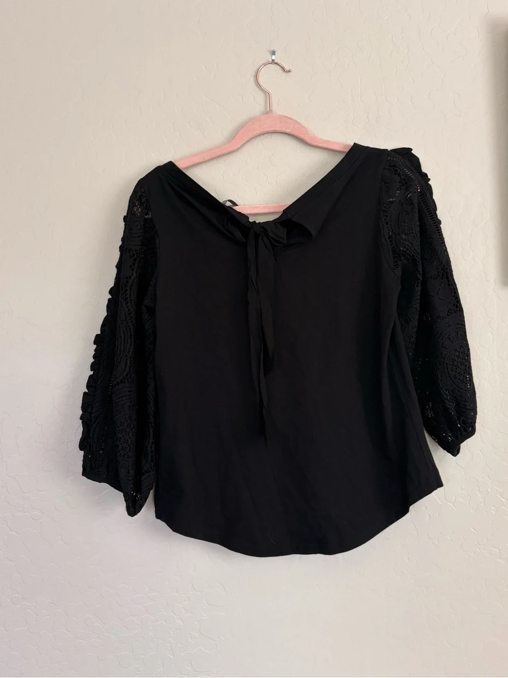 Anthropologie Nina Lace Sleeve Tie Back Top Black Cotton Blouse Small Boho